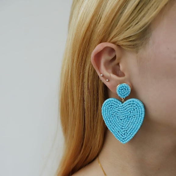 Handmade Large Sky Blue Heart Beaded Earrings Seed Beads Statement Jewelry New - Picture 1 of 5